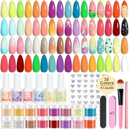 Lavender Violets 94Pcs Dip Powder Nail Kit Starter, 30 Neon Colors Red Purple Green Orange Yellow with Dipping Powder Liquid Set and Nail Art Tool for Colorful DIY Manicure B703