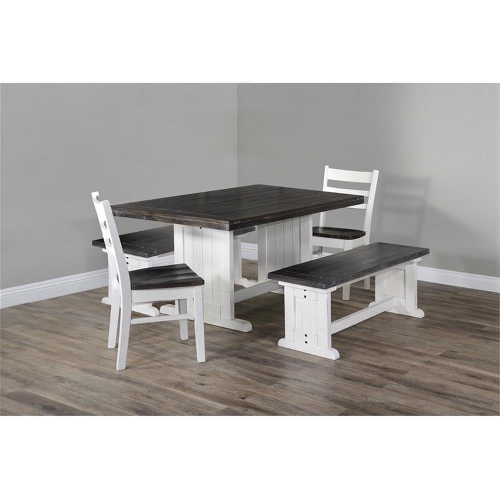 Pemberly Row Farmhouse Wood Side Bench in Off White Dark Brown