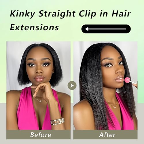 20 Inch Clip In Hair Extensions Real Human Hair Yaki Straight Clip Ins Hair Extensions For Women Invisible & Scalp-Friendly Kinky Straight Human Hair Clip In Extensions 120g 8pcs Natural Black