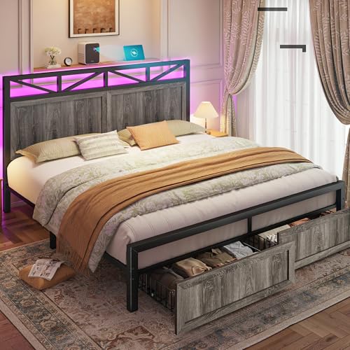Homkdom King Bed Frame with 2 Storage Drawers and LED Lights, King Size Bed Frame and Headboard Built in Charging Station,Noise-Free,Easy Assembly, Grey