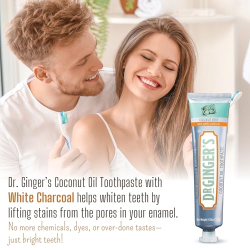 Dr. Ginger's Coconut Oil Charcoal Toothpaste for Sensitive Teeth and Gums - Mint Flavor, 4oz 2pcs - All-Natural White Activated Charcoal Whitening Toothpaste – Freshens Breath and Reduces Plaque
