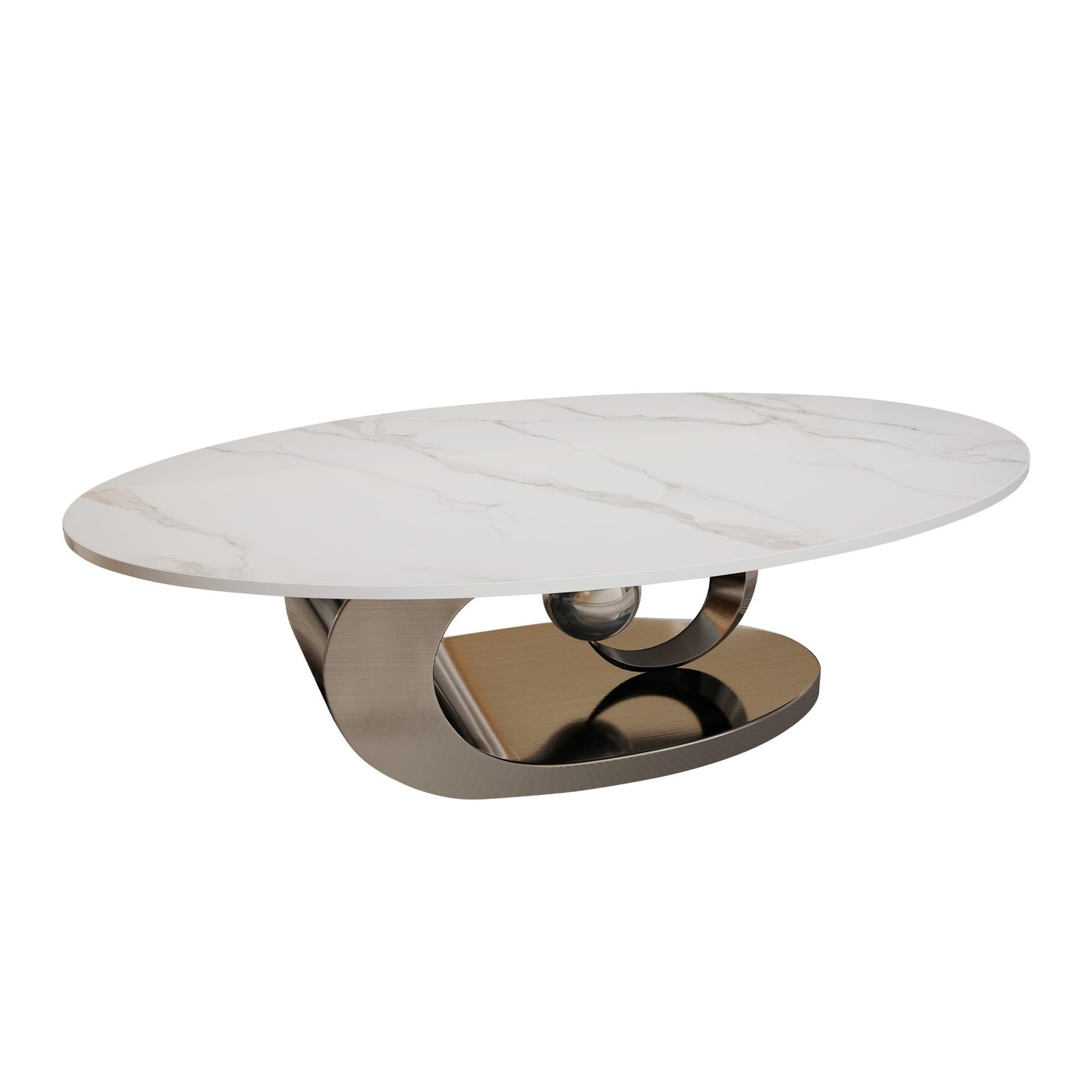 Mid Century Modern Coffee Table, 49.2" Large Oval Coffee Table w/White Faux Marble Tabletop & Silver Sculptural Stainless Steel Base, Minimalist Coffe Cocktail Center Table for Living Room Apartment