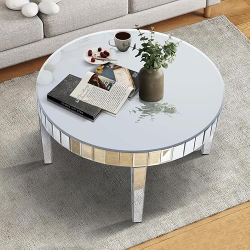 Silver Mirrored Coffee Table, 31.5" Round Modern Center Table with Starburst Mirror Mosaic Design, Luxury Circle Mirrored Glass Accent Coacktail Tea Table for Living Room Home Office