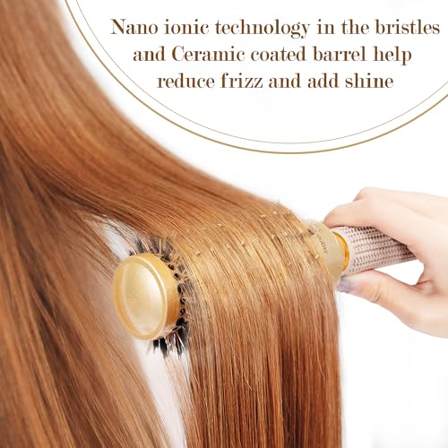 Round Brush for Blow Out, Nano Thermal Ceramic & Ionic Tech, 2.1 Inch Barrel, Boar Bristles, Roller Brush for Blow Drying and Styling, Gold, Hair Brush for All Hair Types