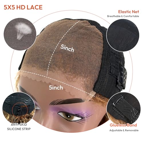 Wear and Go Glueless 5x5 HD Lace Closure Wigs Human Hair Deep Wave Wig Human Hair Pre Plucked Pre Cut P4/27 Honey Blonde Ombre Highlight Wig Human Hair 180% Density 20 Inch