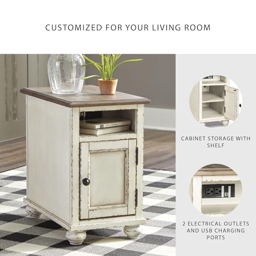 Signature Design by Ashley Realyn French Country Chair Side End Table with Outlets & USB Ports, Cream