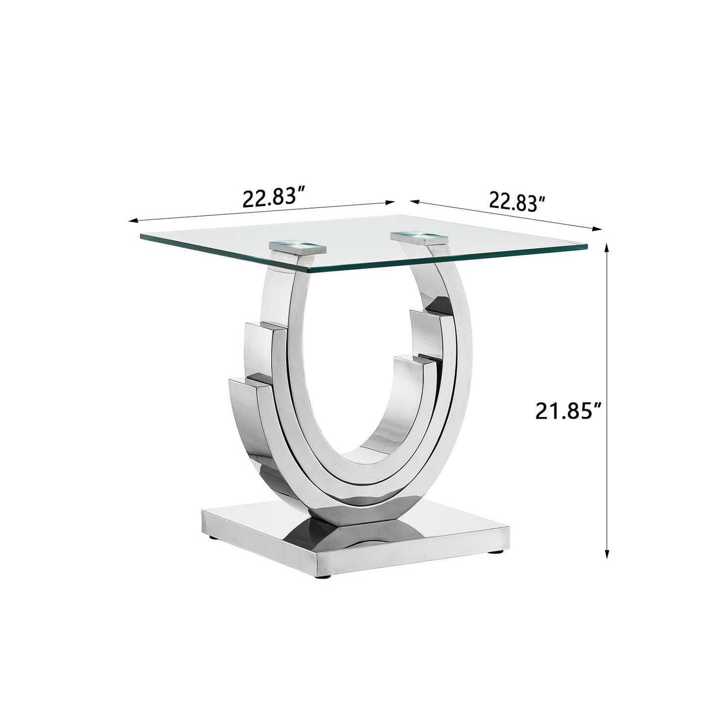 Pvillez Glass End Table with Silver Ring-Shaped Stainless Steel Base, Sqaure Sofa Side Table for Living Room, Clear Glass Accent End Tables Bedside Tables Nightstand for Bedroom Home Office