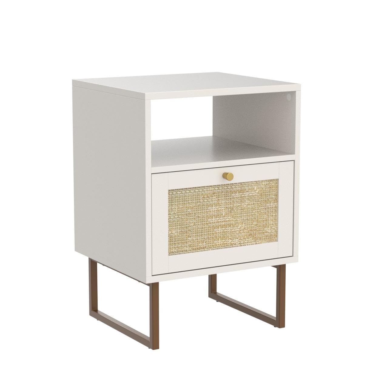 Masupu Rattan Nightstand,Modern Boho Farmhouse Wood Bedside Table with Storage Drawer and Open Shelf,Small Gold Frame Side End Table for Bedroom,Living Room,Office(White)