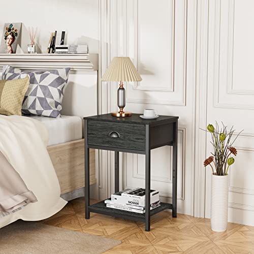 Furologee Nightstands Set of 2, Industrial End Table with Fabric Drawer&Storage Shelf, Small Bedside Table Organizer for Small Space for Living Room, Tall 23.6" Night Stand for Bedroom, Black Oak