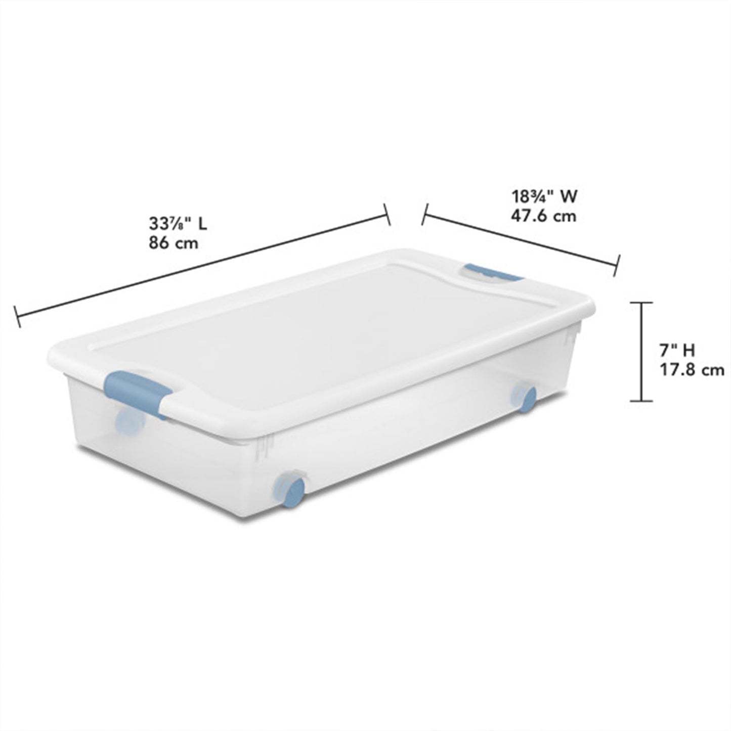 Sterilite 56 Qt Wheeled Latching Storage Box, Stackable Bin with Latch Lid, Plastic Container to Organize Shoes Underbed, Clear with White Lid, 4-Pack