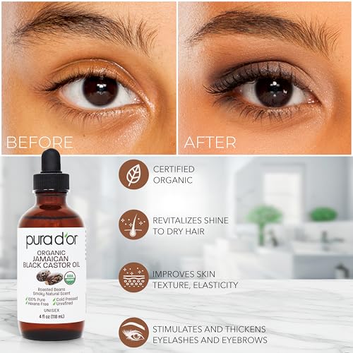 PURA D'OR 4 Oz ORGANIC Jamaican Black Castor Oil - Natural Smoky Scent - w/ 2 BONUS Empty Brushes - 100% Pure USDA Certified Cold Pressed & Roasted, Hexane Free Eyelash & Eyebrow Serum