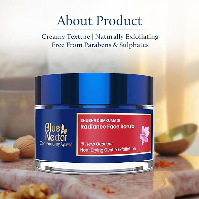 Blue Nectar Saffron Face Scrub for Glowing Skin by Exfoliating Face Scrub | Gentle Ayurvedic Kumkumadi Oil Tan Remover for Refreshing Sun-exposed Skin (16 Herbs, 1.7 Oz)