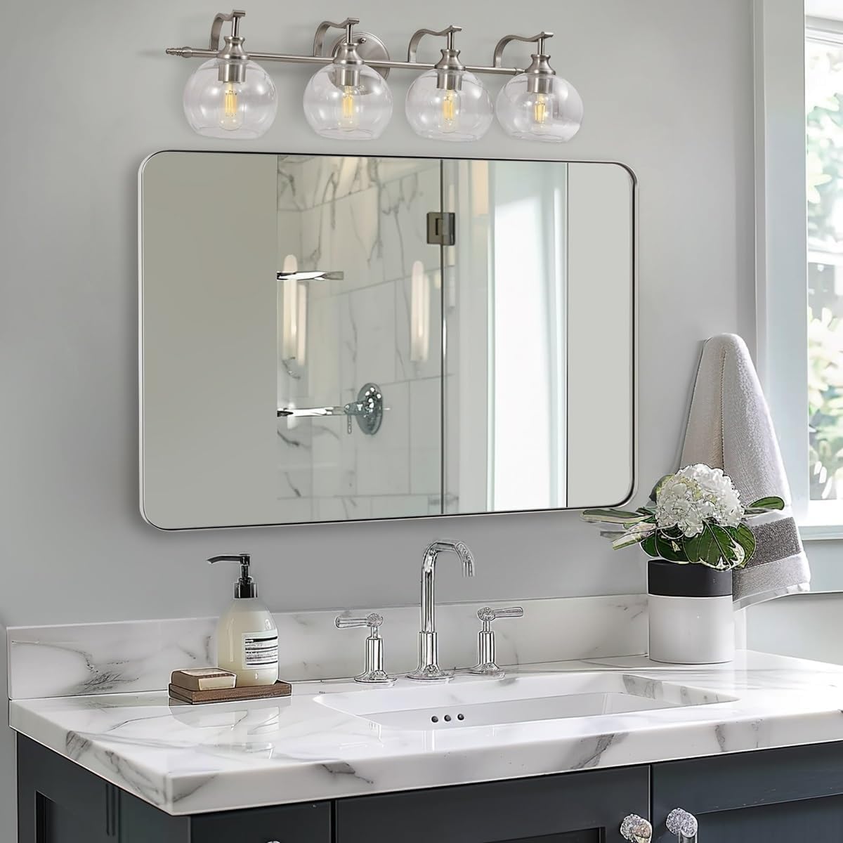 ANDY STAR Brushed Nickel Bathroom Mirror, 24”x40” Rounded Corner Rectangle Mirror, Modern Metal Frame Bathroom Vanity Mirror