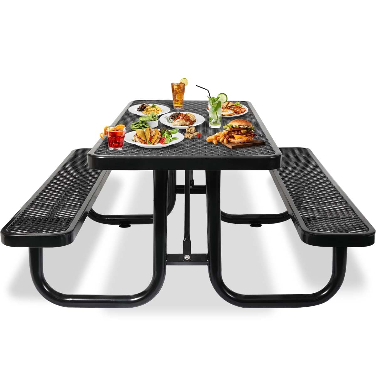 Anqtovp 6 ft. Heavy-Duty Steel Outdoor Picnic Table with Umbrella Pole,Rectangular Weather-Resistant Dining Table for Backyard,Black