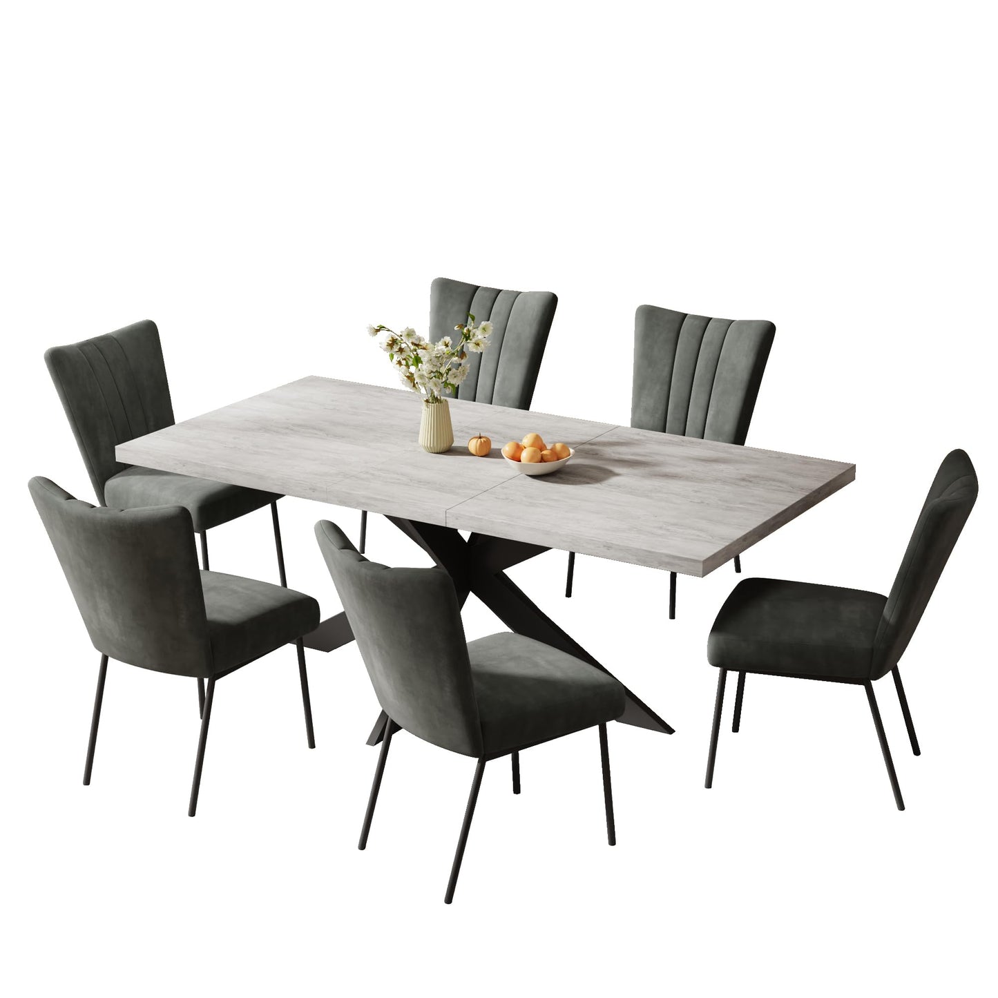 ZckyCine 6-Piece Extendable Dining Table Set, Modern 51''–67'' Grey Wood Table with 6 Black Fabric Chairs, Dining Room Table and Chairs for 6, Ideal for Kitchen or Dining Room