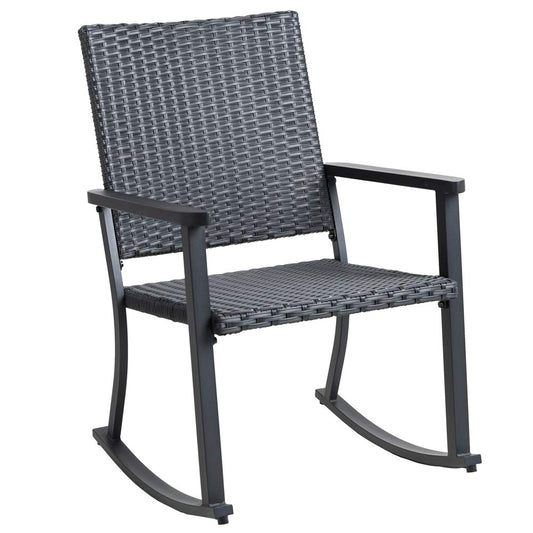 C-Hopetree Outdoor Rocking Chair, Outside Patio Porch Rocker, Metal Frame, Black All Weather Wicker