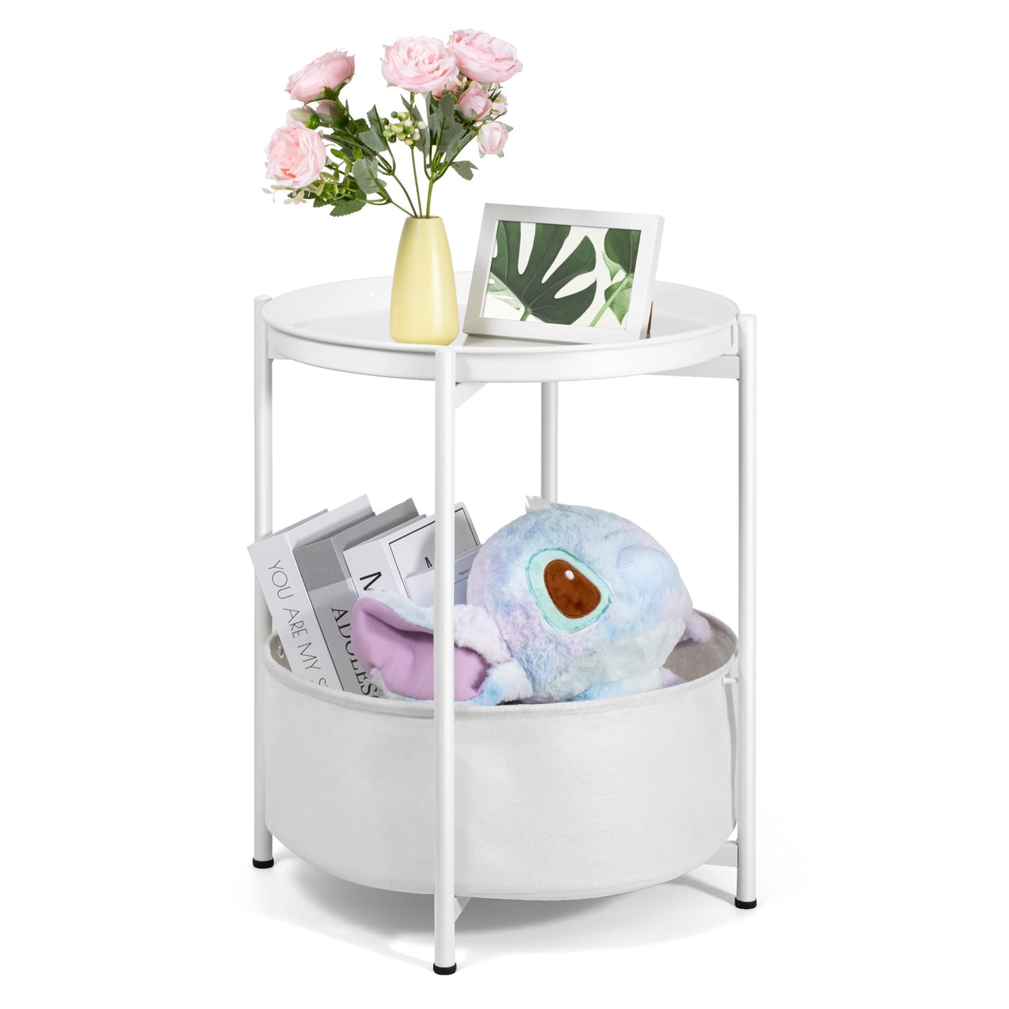 Luwesde Round Side Table, White End Table with Storage Basket, Metal Night Stand with Removable Tray, Small Bedside Table for Living Room, Bedroom, Nursery (White)