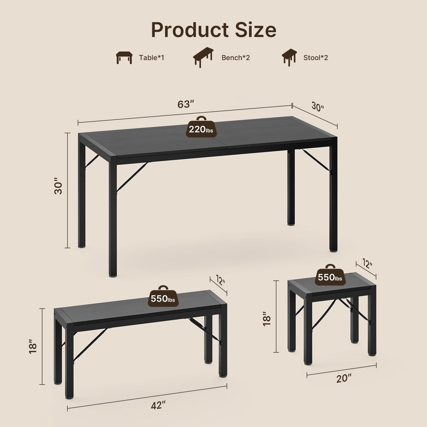 Gizoon 63" Dining Room Table Set for 6, Kitchen Table with 2 Benches and 2 Stools, Dining Table Set with Metal Frame, Space-Saving Kitchen Table Set for Apartment, Black