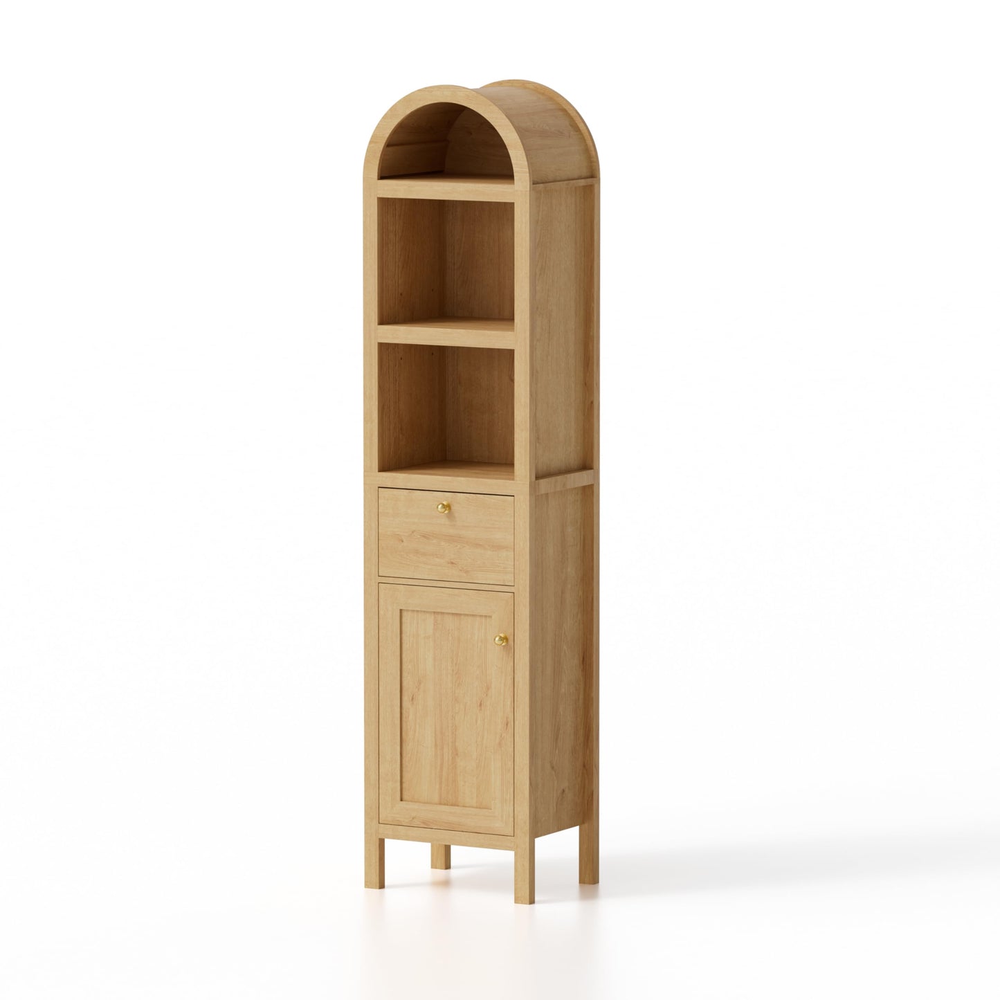 MoomJiee 67" Tall Arched Bathroom Storage Cabinet, 5 Tiers Arch Kitchen Pantry Cabinet with 1 Door and 1 Drawer, Farmhouse Arched Bookcase with 2 Adjustable Shelves for Bathroom, Kitchen, Natural Oak