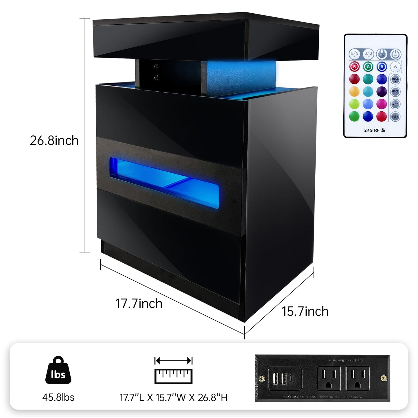 POVUD Night Stand with Gun Drawer Holder, Modern Bedside Table Nightstand with Led Lights and Hidden Locking Compartment with Power Strip Outlet and USB C Port Storage Shelves for Bedroom Black