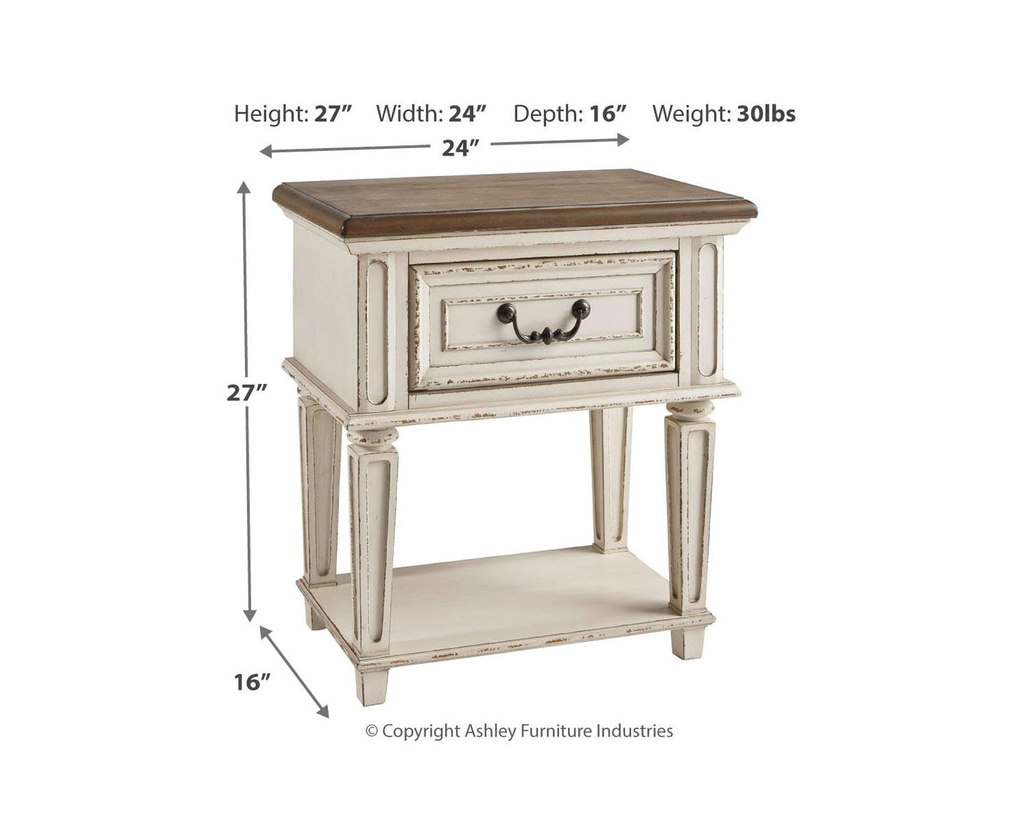 Signature Design by Ashley Realyn Traditional Cottage 1 Drawer Nightstand with Dovetail Construction & Open Display Shelf, Chipped White, 27" Tall, Distressed Brown