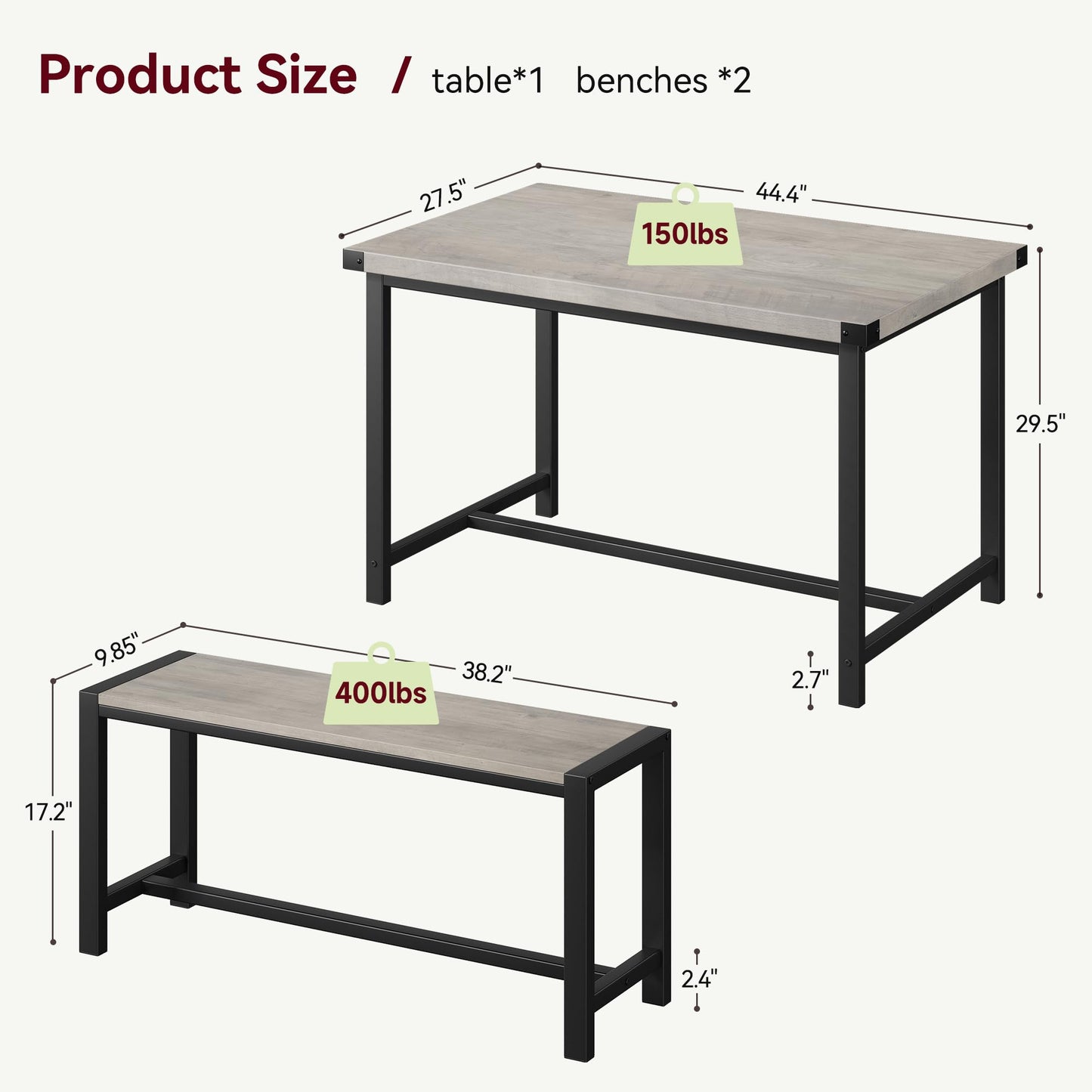 CABIHOME Dining Table and 2 Benches with Corner Protector, Dining Table Set for 4 with 2 Benches, Kitchen Table Set for 4-6 with H-Shaped Frame for Small Space, Kitchen, Apartment, Rustic Gray