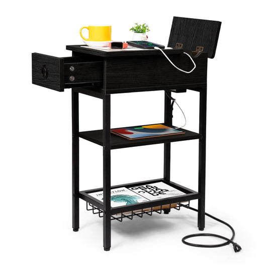 Cazacomzy Small Black Side Table Charging Station for Bedroom, Narrow Black Living Room End Tables with Storage, Skinny USB Nightstand with Outlet, Gaming Coffee Table for Couch with USB Ports