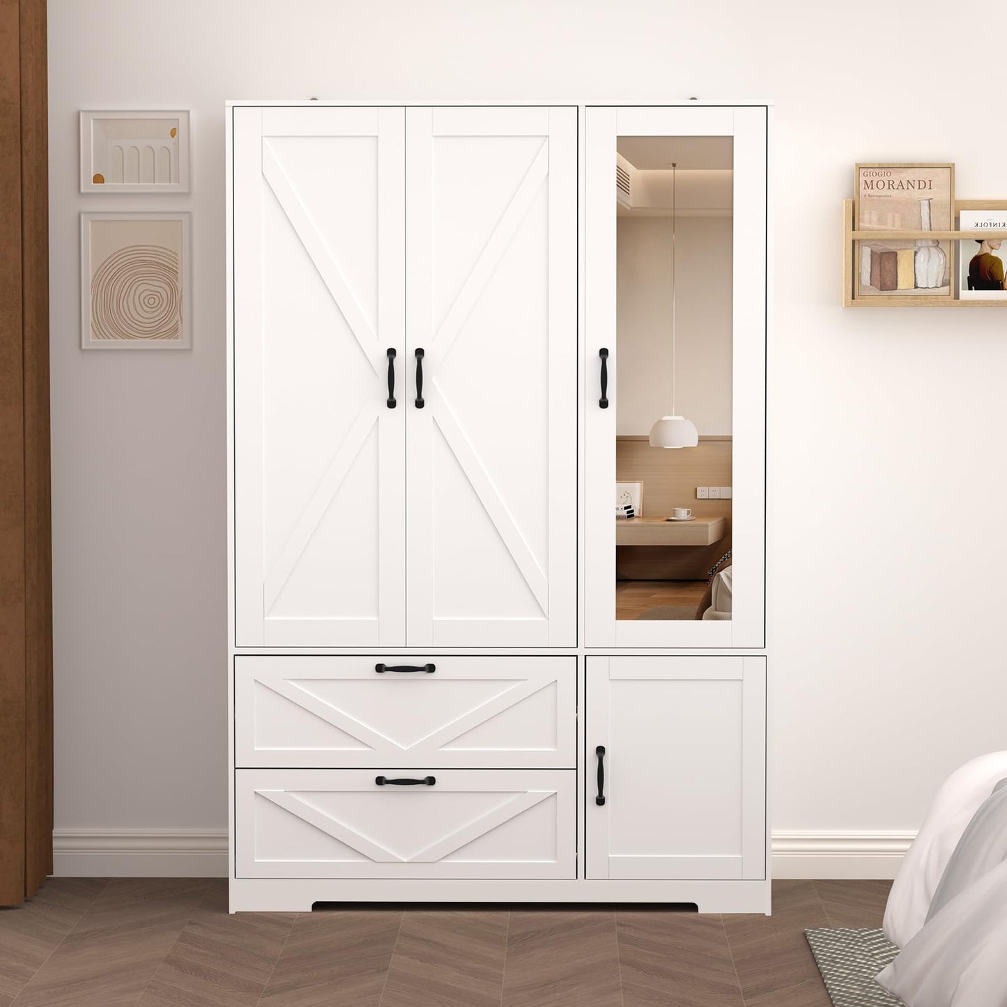 CORAZAZA Armoire Wardrobe Closet with Mirror Door,3 Doors Farmhouse Bedroom Armoire with Drawers and Adjustable Shelves,Wooden Armoire Wardrobe Closet with Hanging Rod for Bedroom(White)