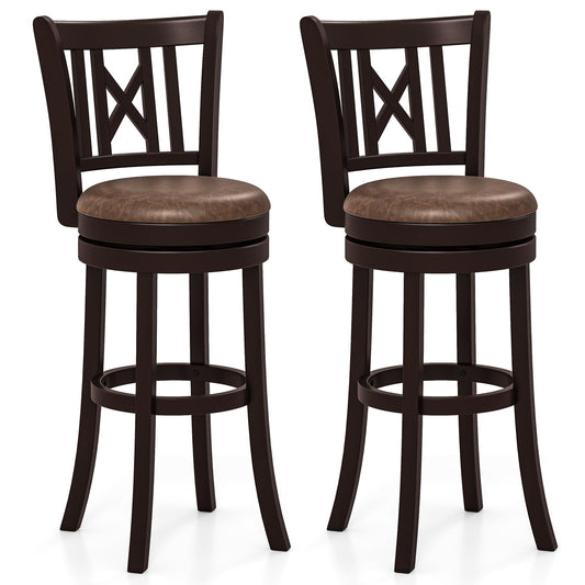 COSTWAY Bar Stools Set of 2, 30” Swivel Bar Chairs with Footrest, Rubber Wood Frame & Hollowed Backrest, Leathaire Bar Height Stools, Padded Counter Stools for Kitchen Island & Pub (2, 30'')