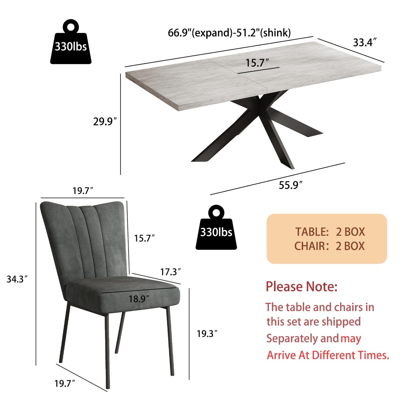 ZckyCine 6-Piece Extendable Dining Table Set, Modern 51''–67'' Grey Wood Table with 6 Black Fabric Chairs, Dining Room Table and Chairs for 6, Ideal for Kitchen or Dining Room