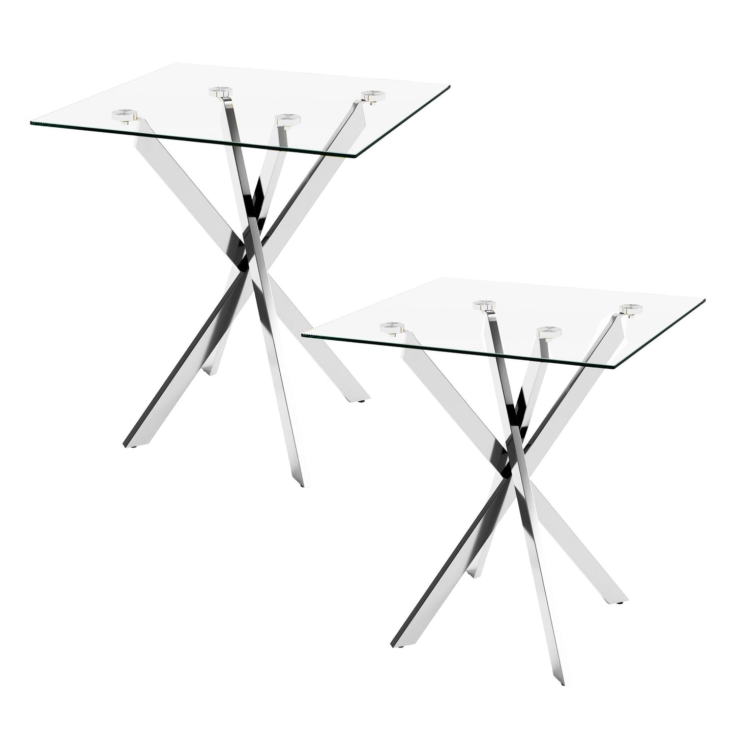 NIERN Small Side Coffee Table Set of 2 with Chromed Legs, Tempered Glass Square Modern End Table for Living Sofa Room Home Office (2 Pieces, Silver, 19.68"×19.68"×21.65")