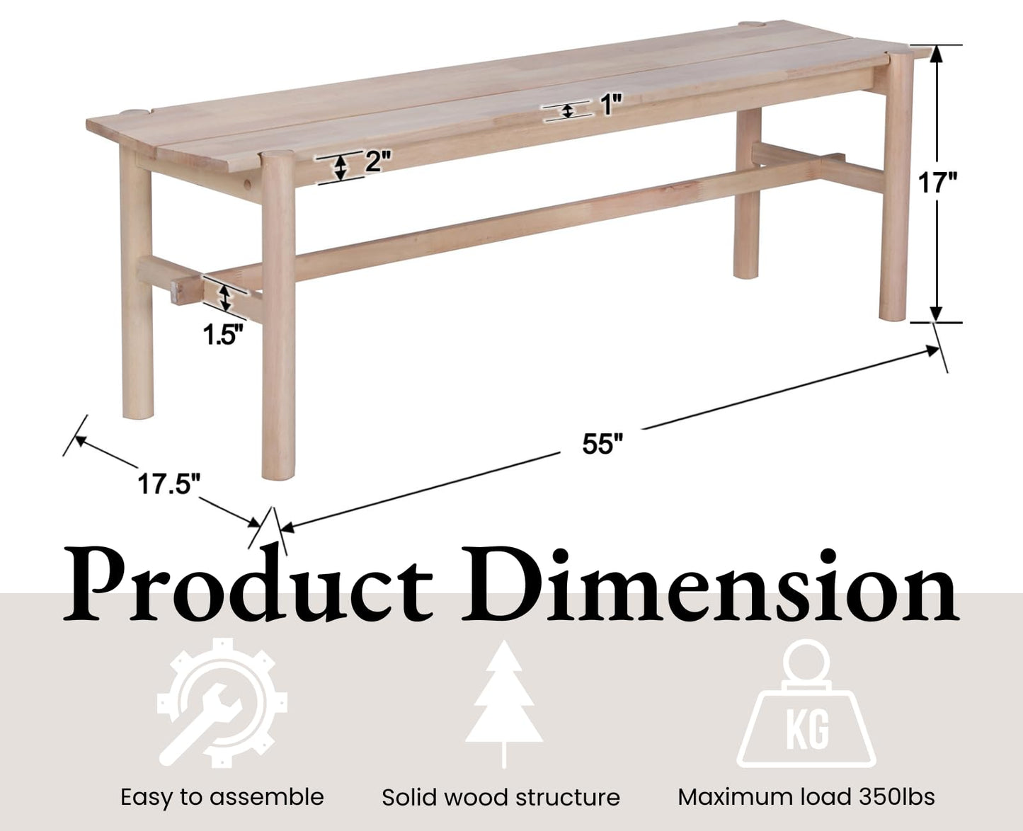 EALSON Solid Wood Bench Modern Farmhouse Entryway Bench 55” Long Dining Benches Seat End of Bed Benches for Bedroom, Kitchen, Hallway, Living Room, White Wash