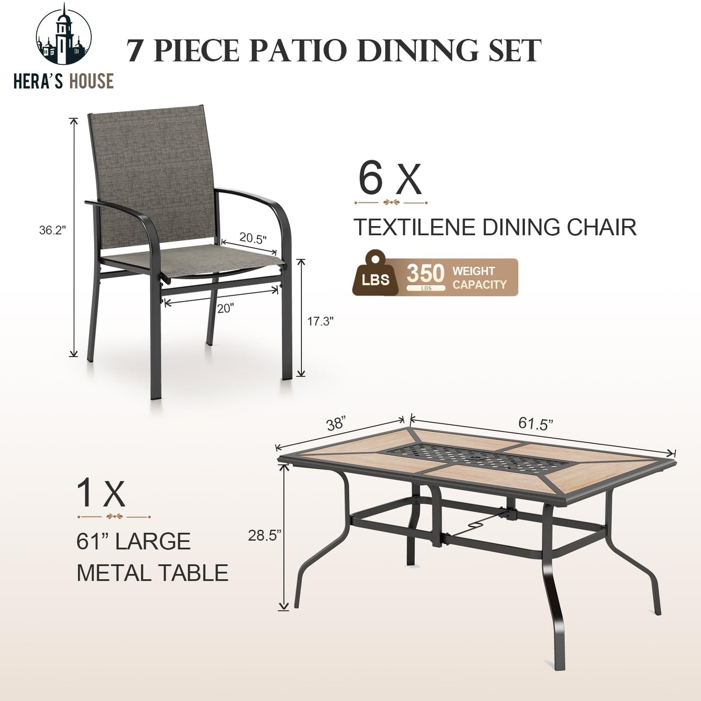 HERA'S HOUSE Patio Table and Chairs Set, Rectangular Outdoor Metal Table with Umbrella Hole, 7 Pieces Outdoor Dining Sets for Backyard Lawn Deck(Brown)