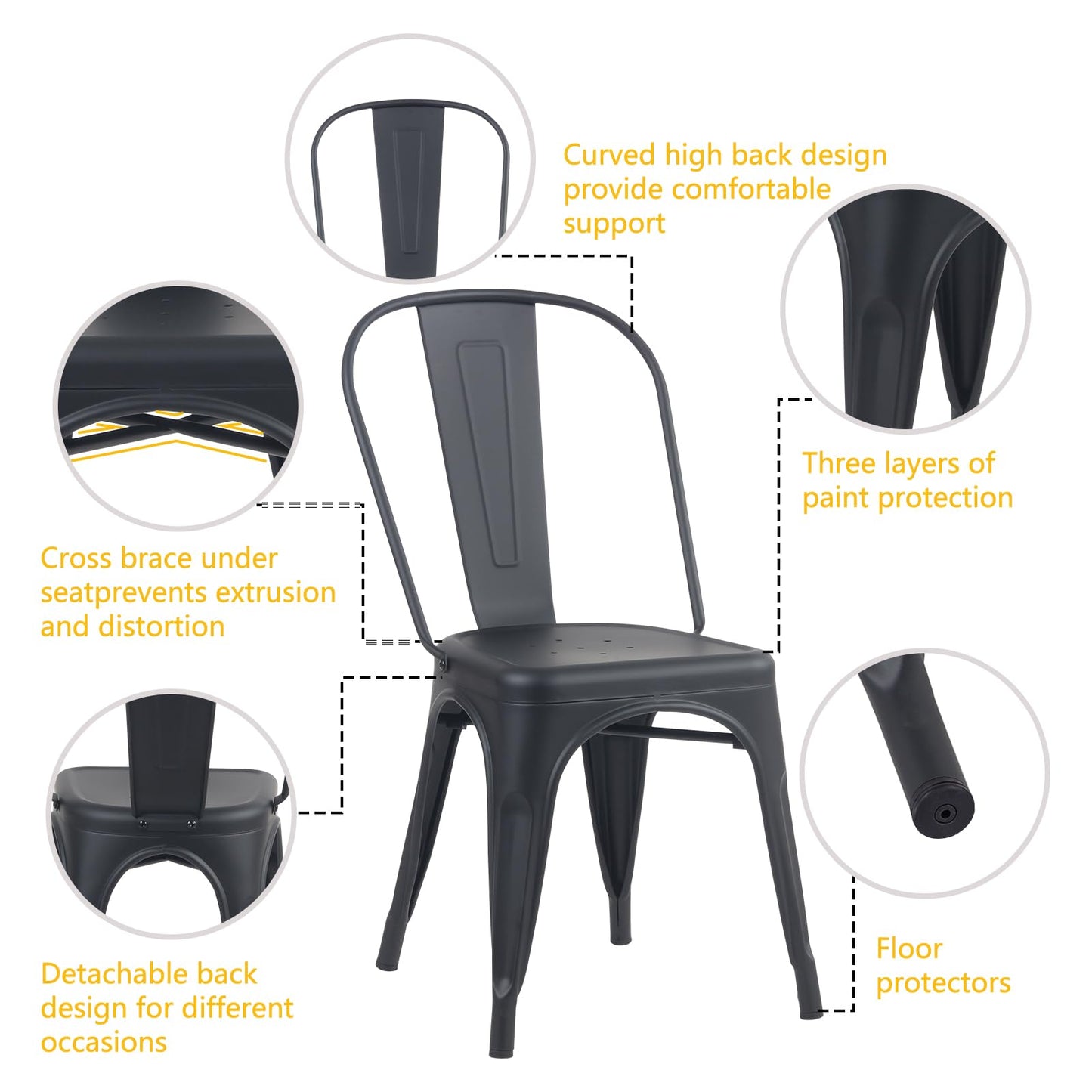 YOUNIKE Metal Dining Chairs Set of 4 Iron Stackable Removable Back Cafe Side Patio Chairs Rubber Feet Stylish Modern Indoor Outdoor Classic Chic Industrial Vintage Bistro Kitchen Matte Black