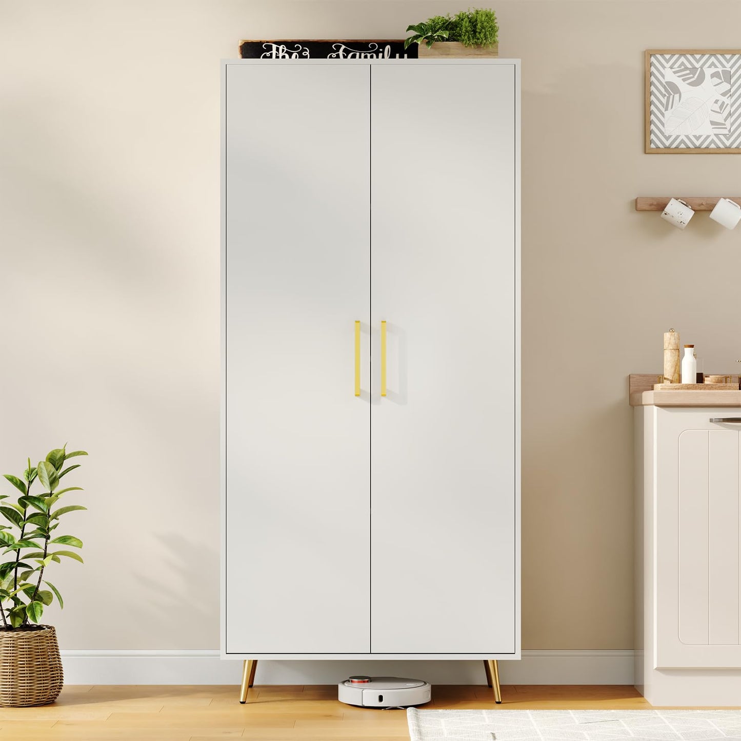 LYNSOM Tall Storage Cabinet, Freestanding Kitchen Pantry Cabinet with Adjustable Shelf and Doors, Floor Storage Accent for Kitchen, Dining Room (White)