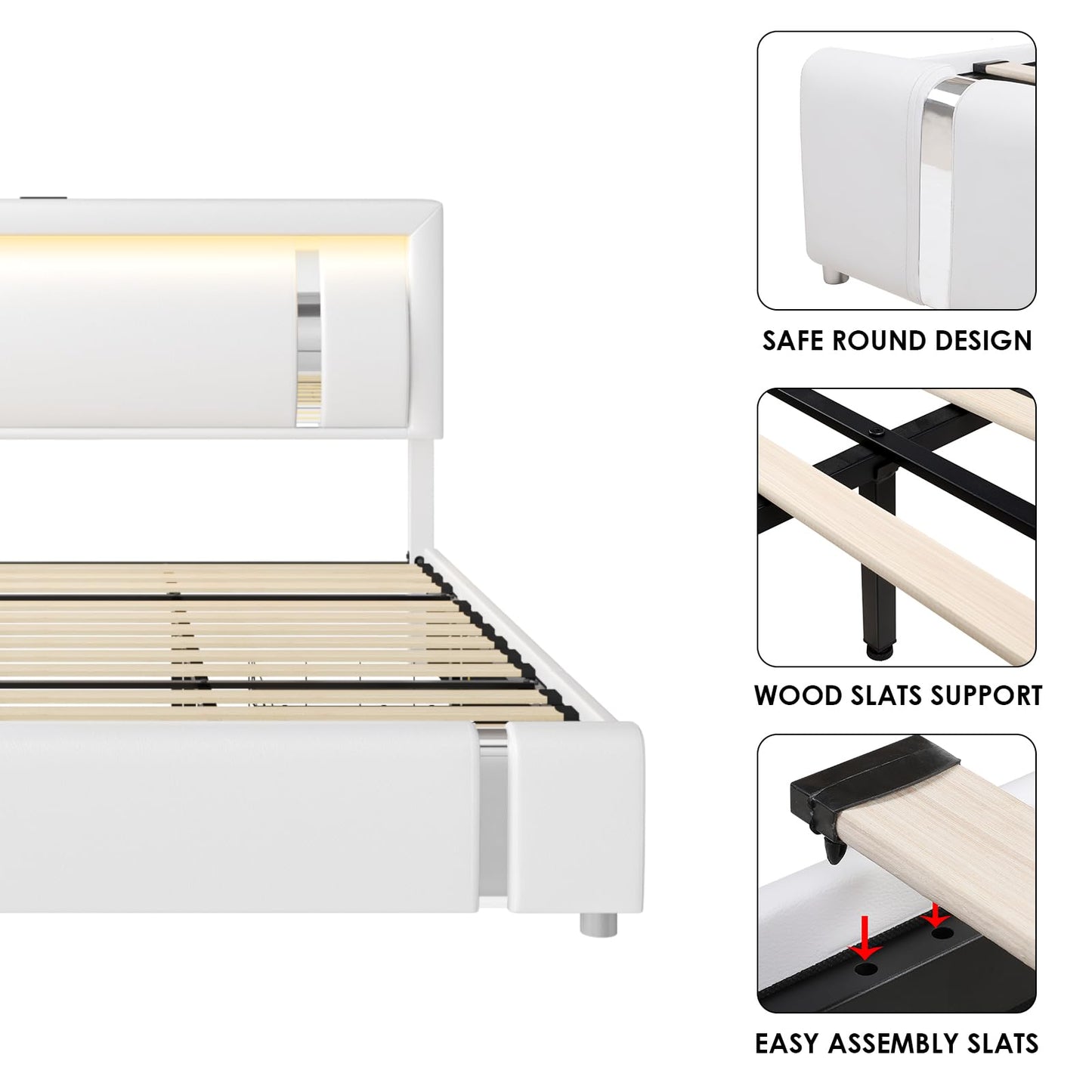 Keyluv Queen Bed Frame with RGB LED Lights Headboard & 2 Storage Drawers, Modern Upholstered Faux Leather Smart Platform Iron Metal Decor, USB USB-C Charging Ports, No Box Spring Needed, White