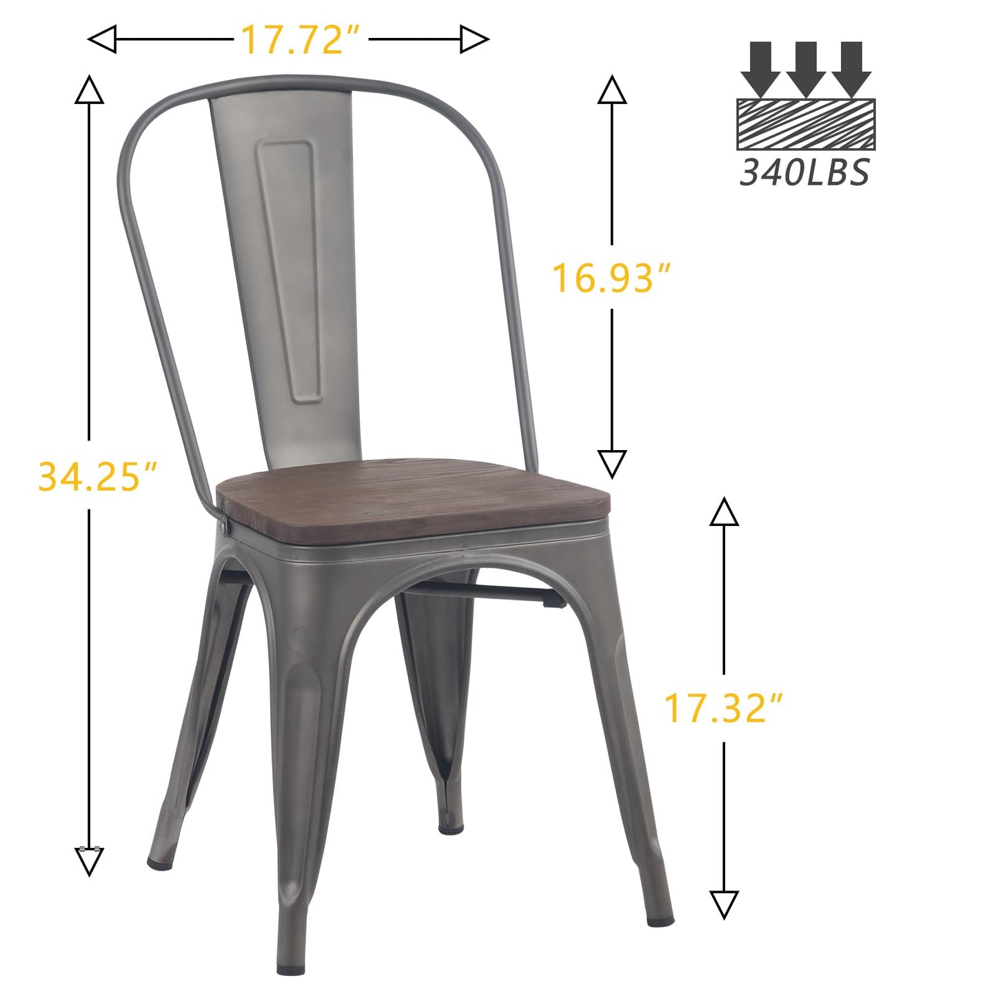 YOUNIKE Metal Dining Chairs Set of 4 Iron Stackable Removable Back Wood Seat Patio Chairs Rubber Feet Stylish Modern Indoor Outdoor Classic Chic Industrial Vintage Bistro Kitchen Rusty Grey