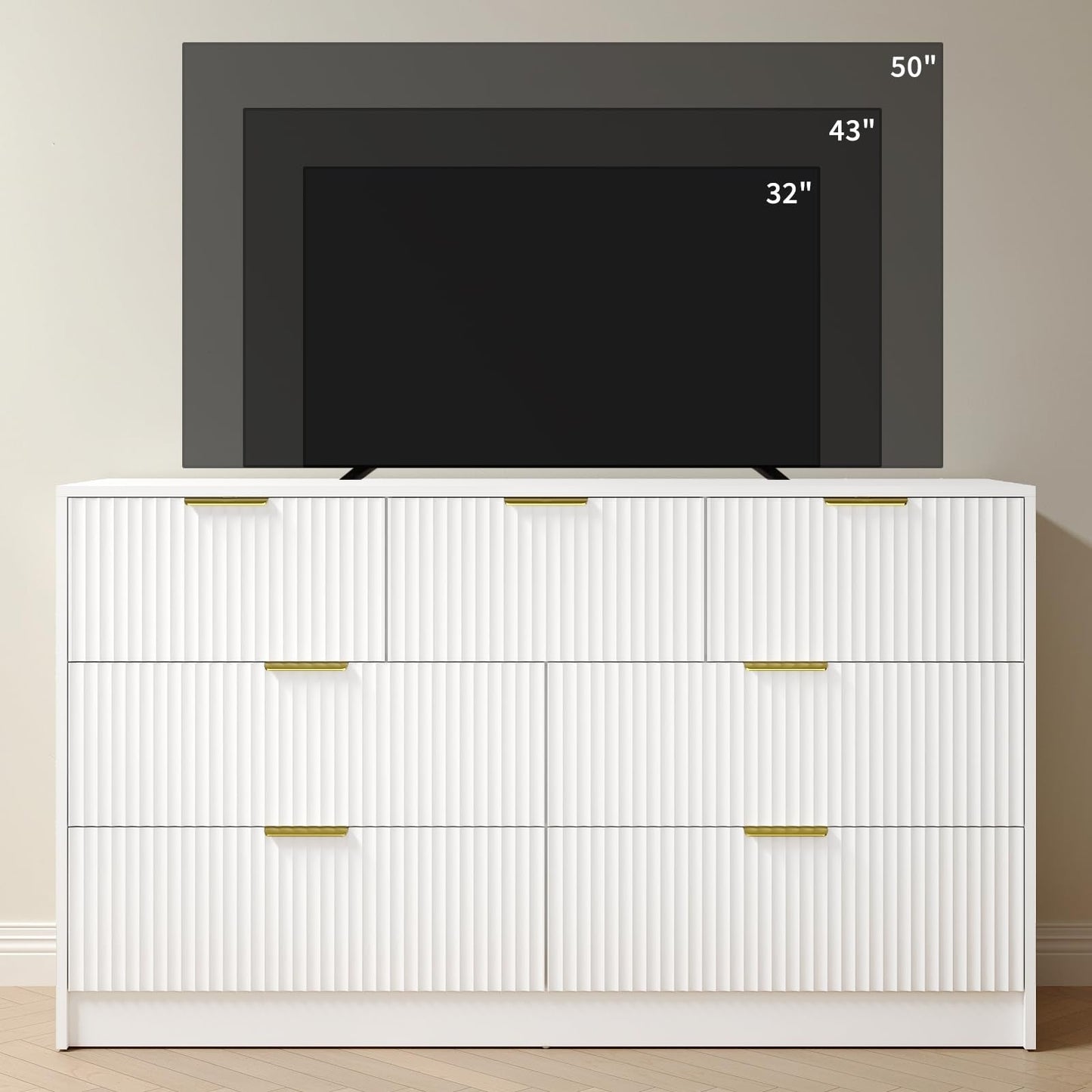 NOVAMAISON White Dresser with 7 Drawer - 55” Wide Fluted Dresser for Bedroom with Metal Handle, Modern Chest of Drawer for Bedroom, Closet, Living Room, White