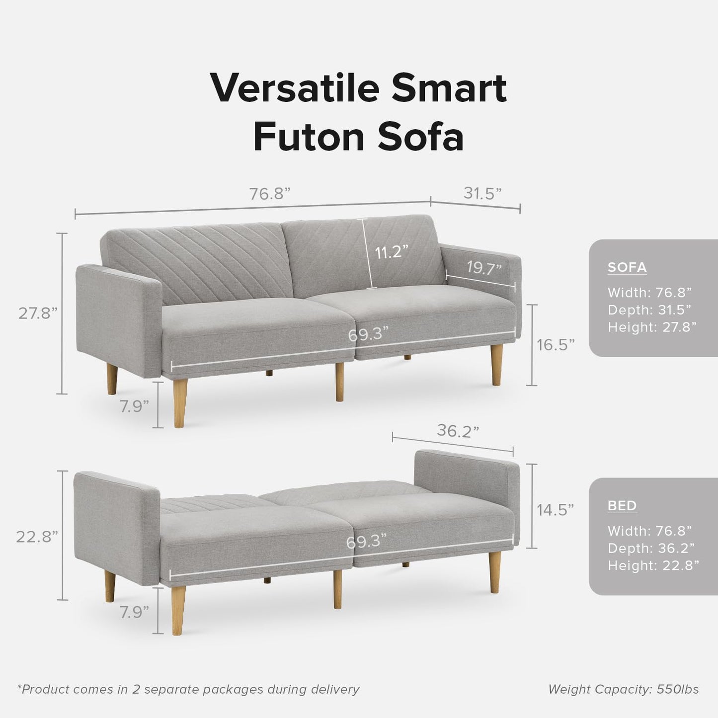 mopio 76.8" Futon Sofa Bed, Small Couch, Sleeper, Loveseat, Mid Century Modern Futon Couch, Sofa Cama, Couches for Living Room (Light Gray Fabric)