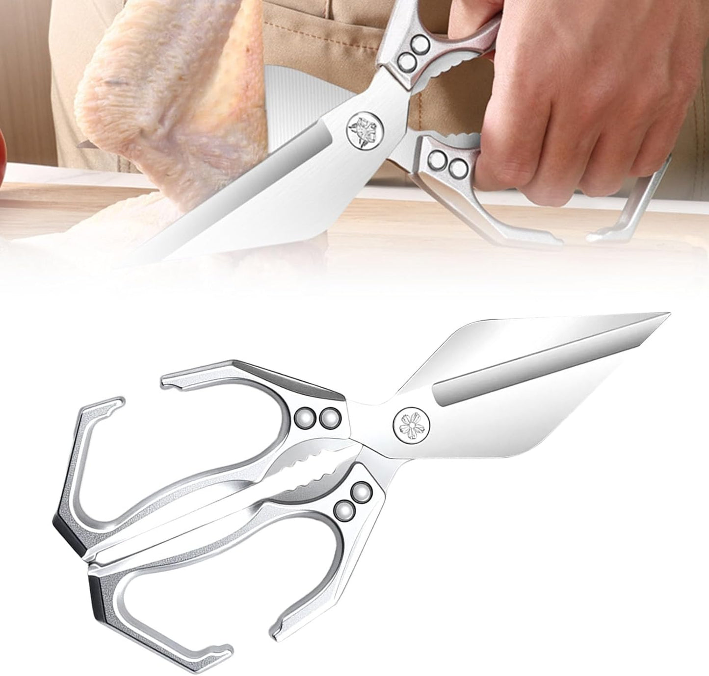 Multifunctional Heavy-Duty Kitchen Shears, Heavy Duty Kitchen Scissors for Food with Ergonomic Handle, High-Carbon Steel Culinary Shears for Chicken, Meat, Seafood, Bone Cutting (Sliver)