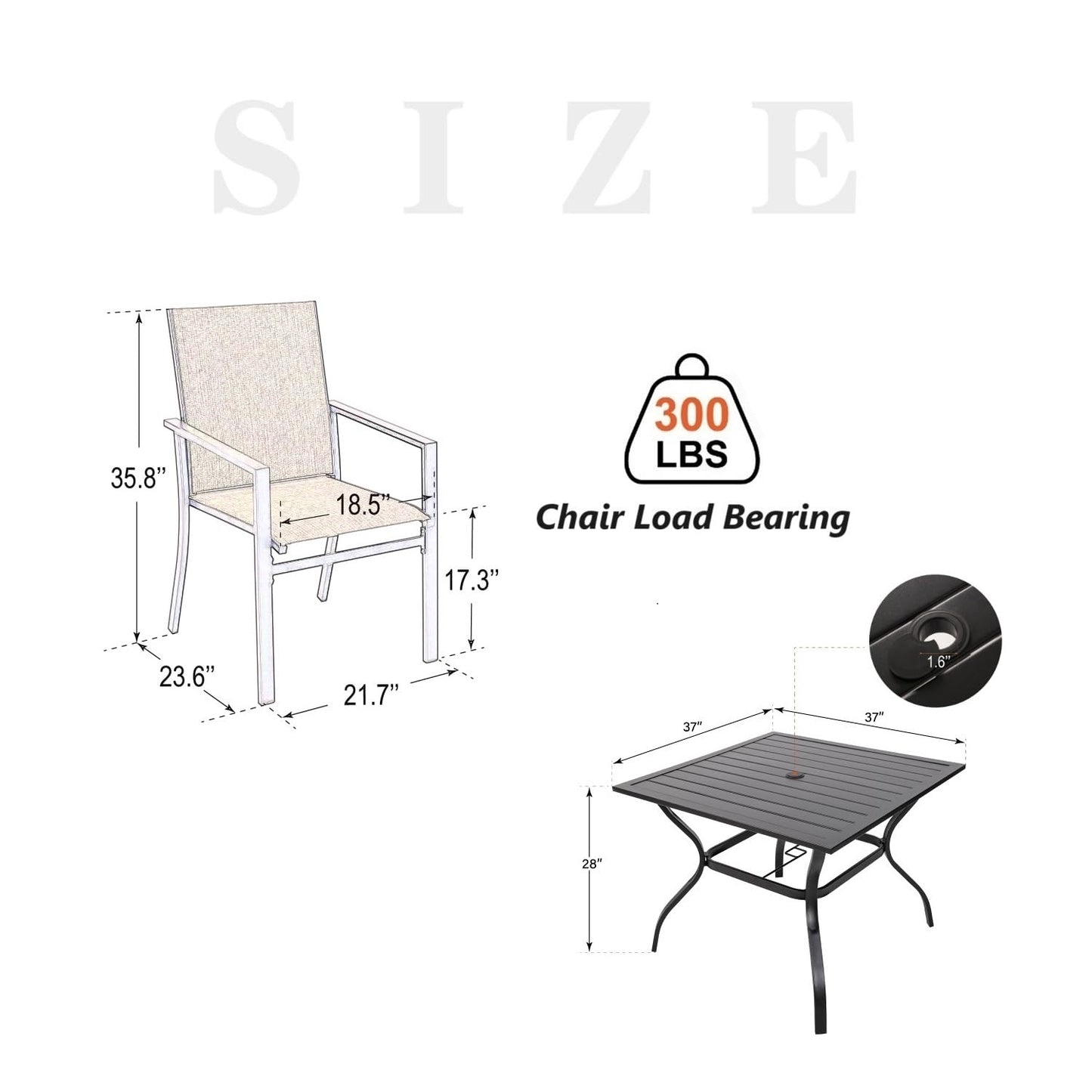 Anmutig 5 Piece Patio Dining Set for 4, 35” Square Table with Umbrella Hole, 4 Metal Sling Chairs, Outdoor Table and Chairs Set for Lawn Backyard and Deck Brown