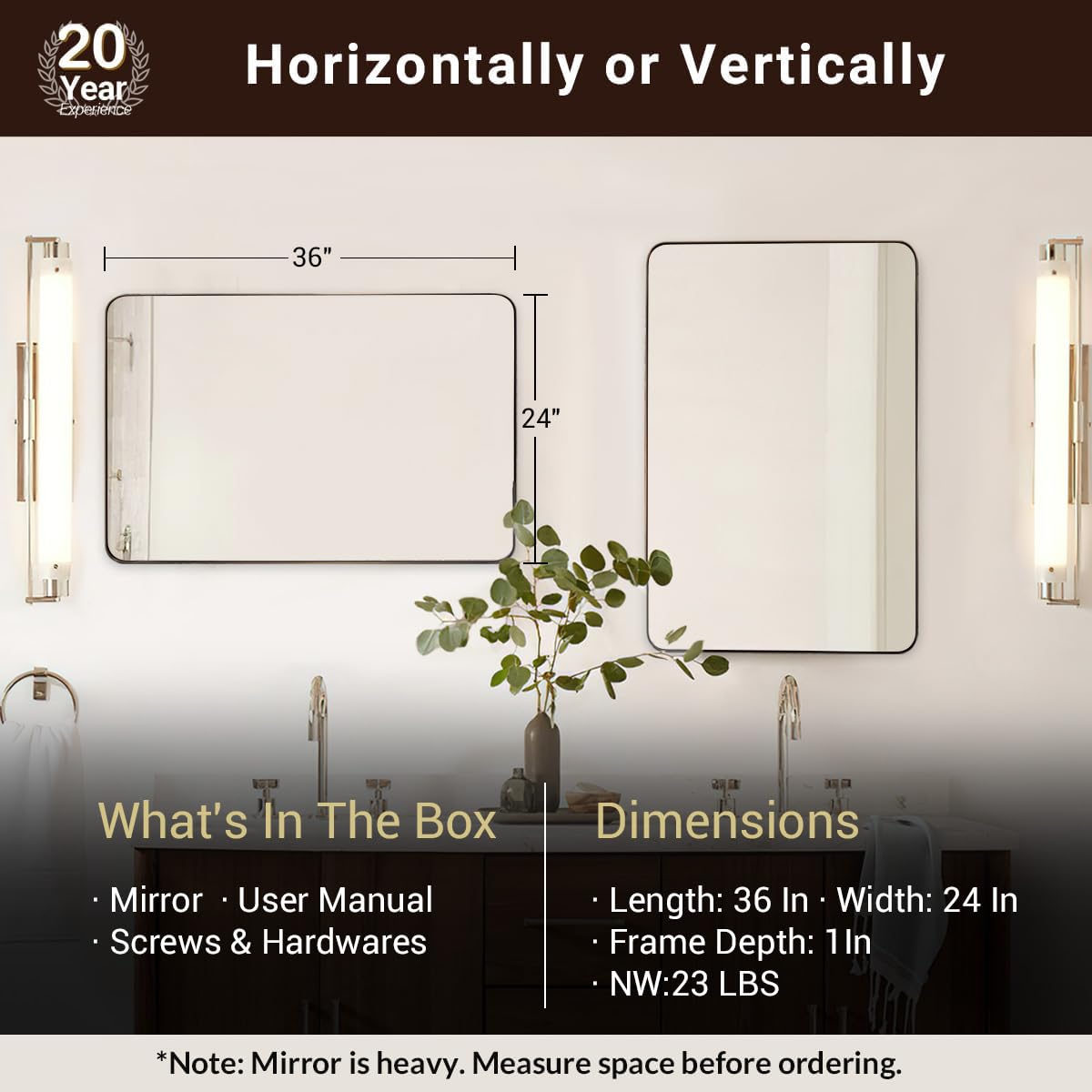 ANDY STAR Wall Mirror for Bathroom, 24"x36" Brushed Bronze Bathroom Mirror, Rounded Rectangle Mirror for Vanity, Stainless Steel Metal Frame