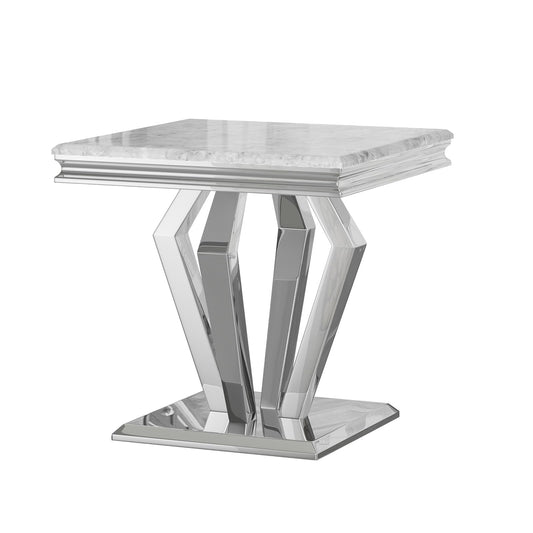 ACEDÉCOR 22" Square End Table, Silver Side Table with Graceful Grey Striped Top and Mirrored Diamond Shaped Base, Heavy Duty Corner Table for Living Room, Sofa, Couch