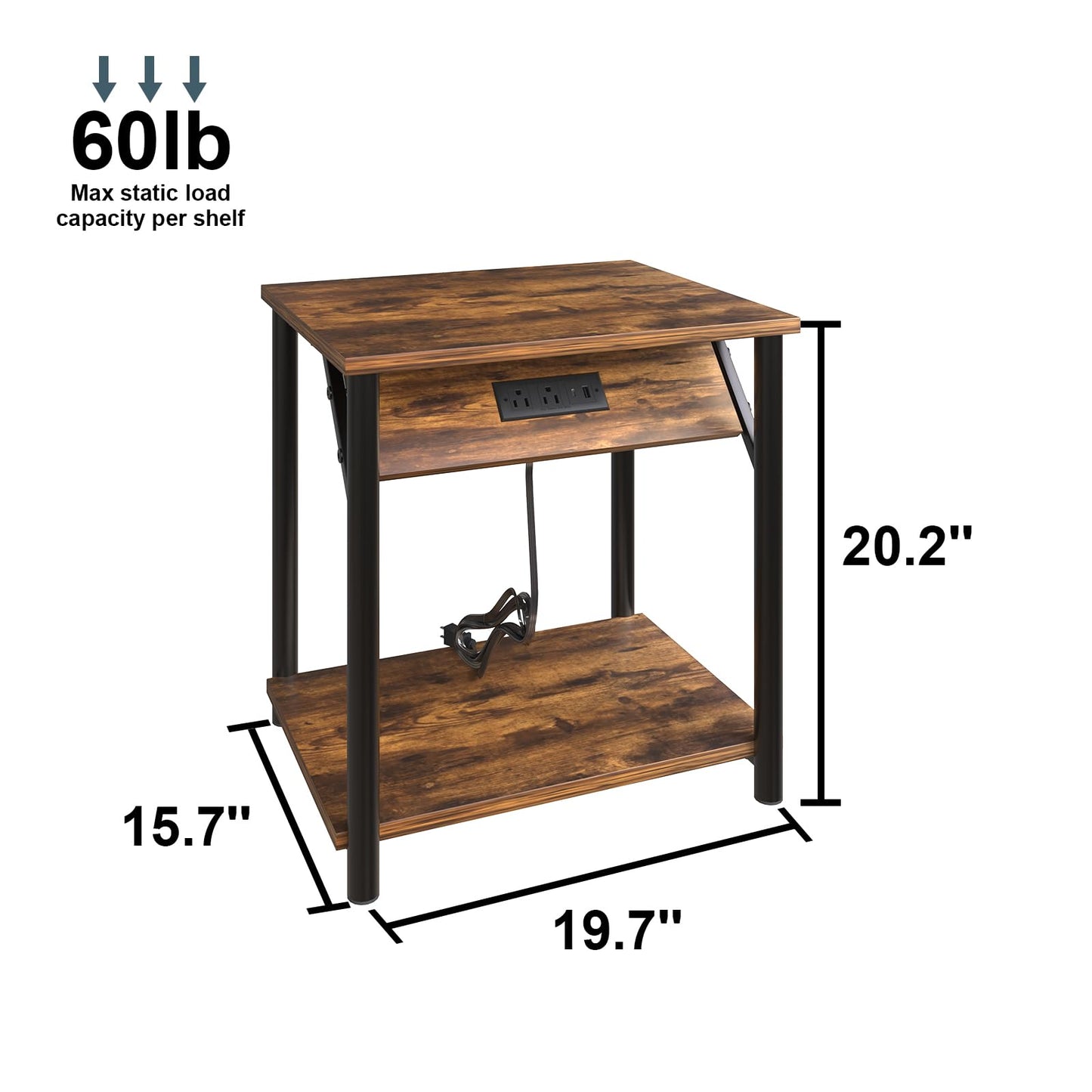 Nightstands Set of 2, Small End Tables with Charging Station, Modern Night Stands, Narrow Side Tables for Small Space, Bedside Tables with 2-Tier Storage Shelf for Living Room, Bedroom, Rustic Brown