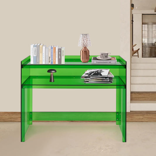 BuufuS Acrylic Console Table, Modern Narrow Sofa Console Tables with 2 Tier Storage Shelves Skinny Entryway Clear Table 39.5" Wx12 Dx 31.5" H for Sofa Foyer Hallway Living Room Entry (Green)