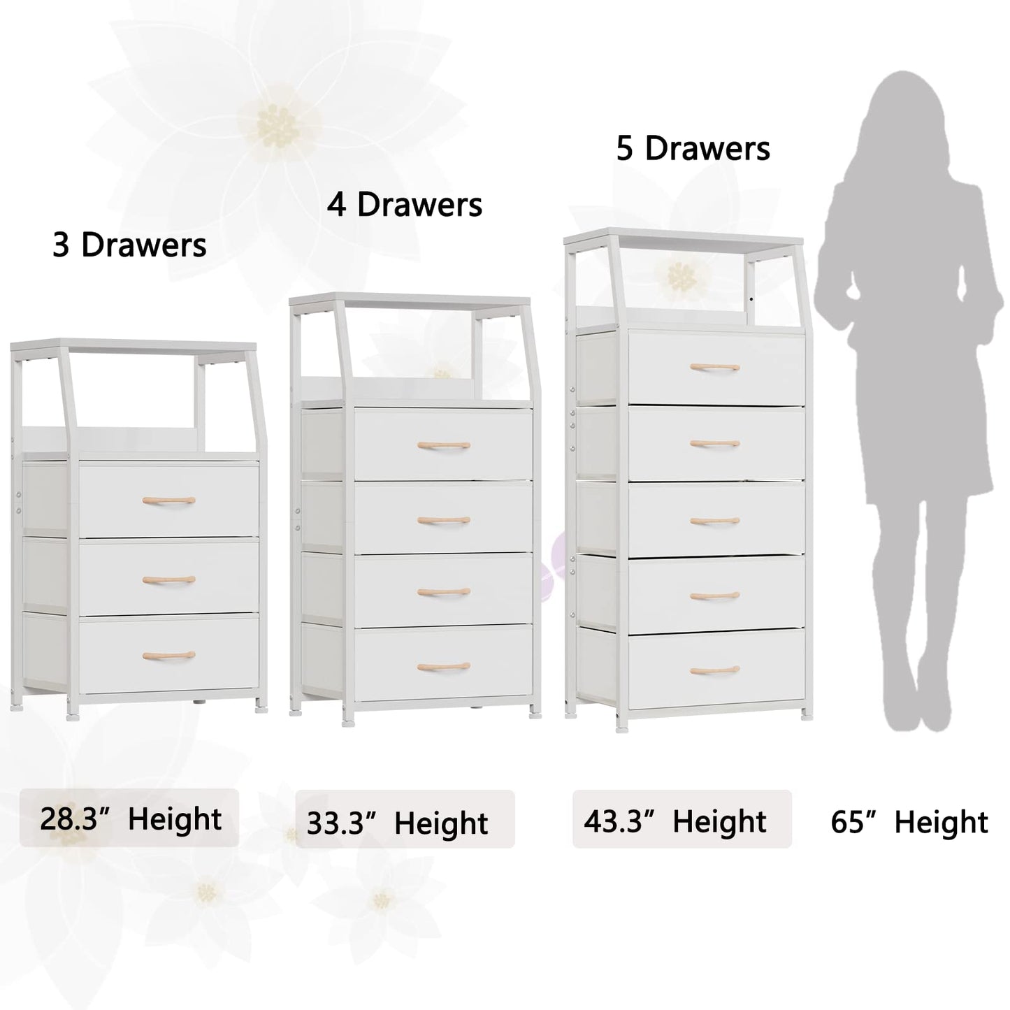 Furnulem White Nightstand with 3 Drawers and 2-Tier Shelf, Small Night Stand End Table Side Furniture, Fabric Storage Organizer for Bedroom, Closet, Hallway, Nursery, Sturdy Steel Frame, Wood Top