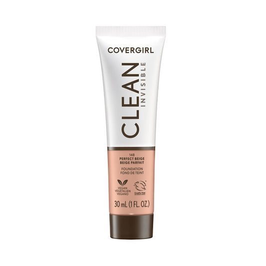 COVERGIRL Clean Invisible Foundation Makeup, Dewy & Glowy Natural Finish, Buildable Coverage, Skin-Like Smooth Look, Vegan, Perfect Beige, 1oz