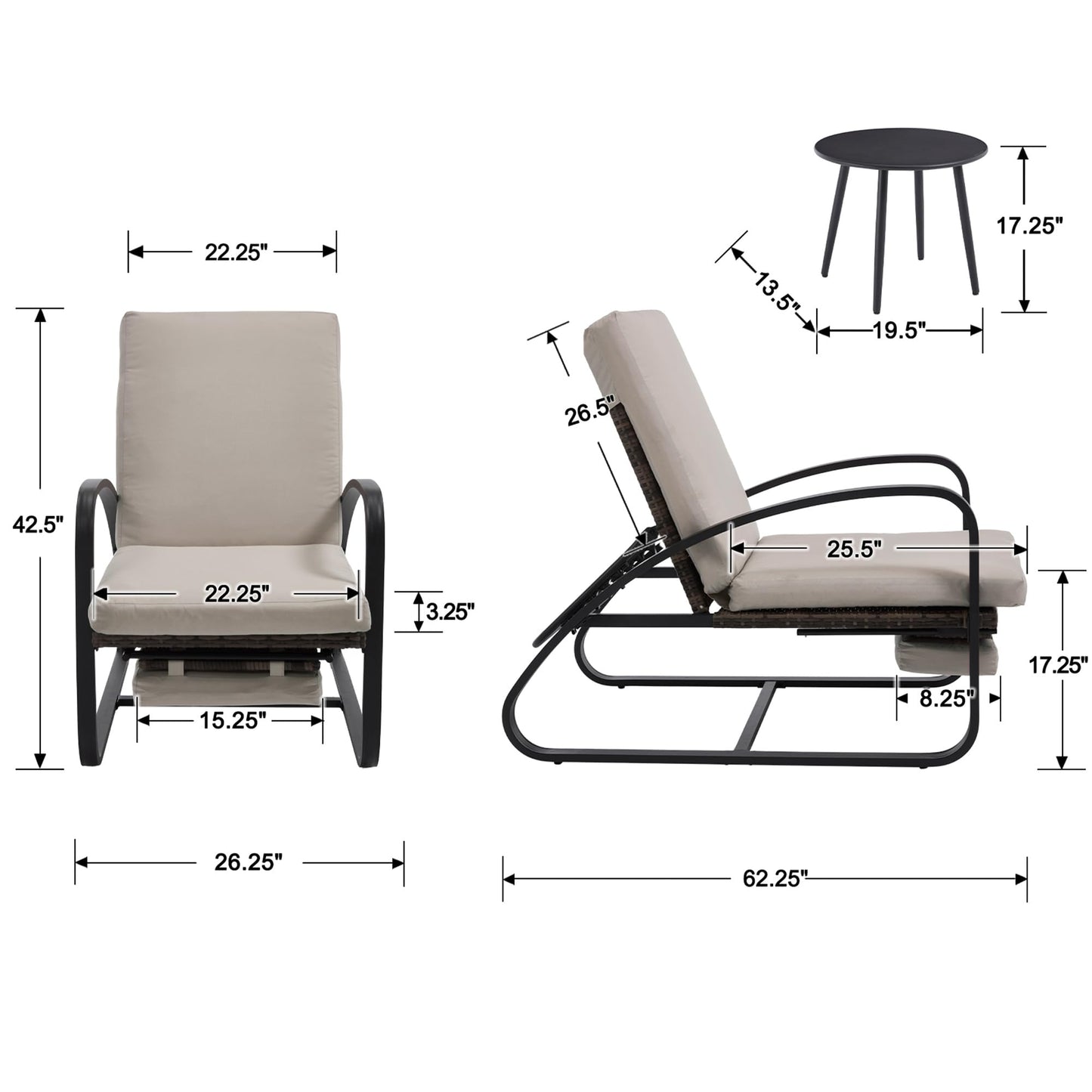 DAYARUS 3 Piece Patio Furniture Set, Modern Patio Chaise Lounge Chairs, 5-Position Adjustable Bistro Set Balcony Furniture, Metal Patio Chairs with Coffee Table, Pool Lounge Chair for Deck, Khaki