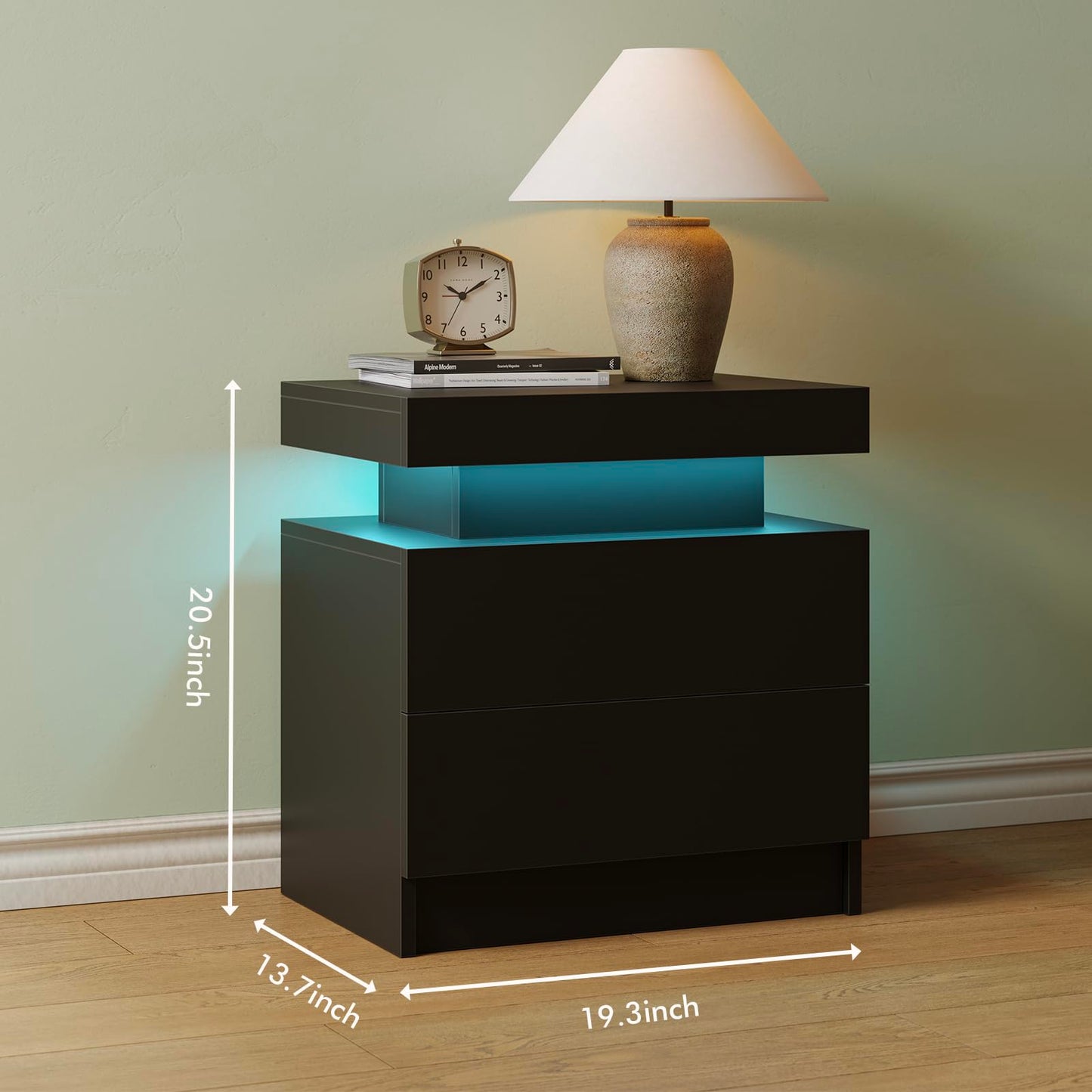 Cubehom LED Black Nightstands Set of 2 Bedroom Night Stands LED Bedside Table with 2 Drawer Modern Nightstands for Bedroom