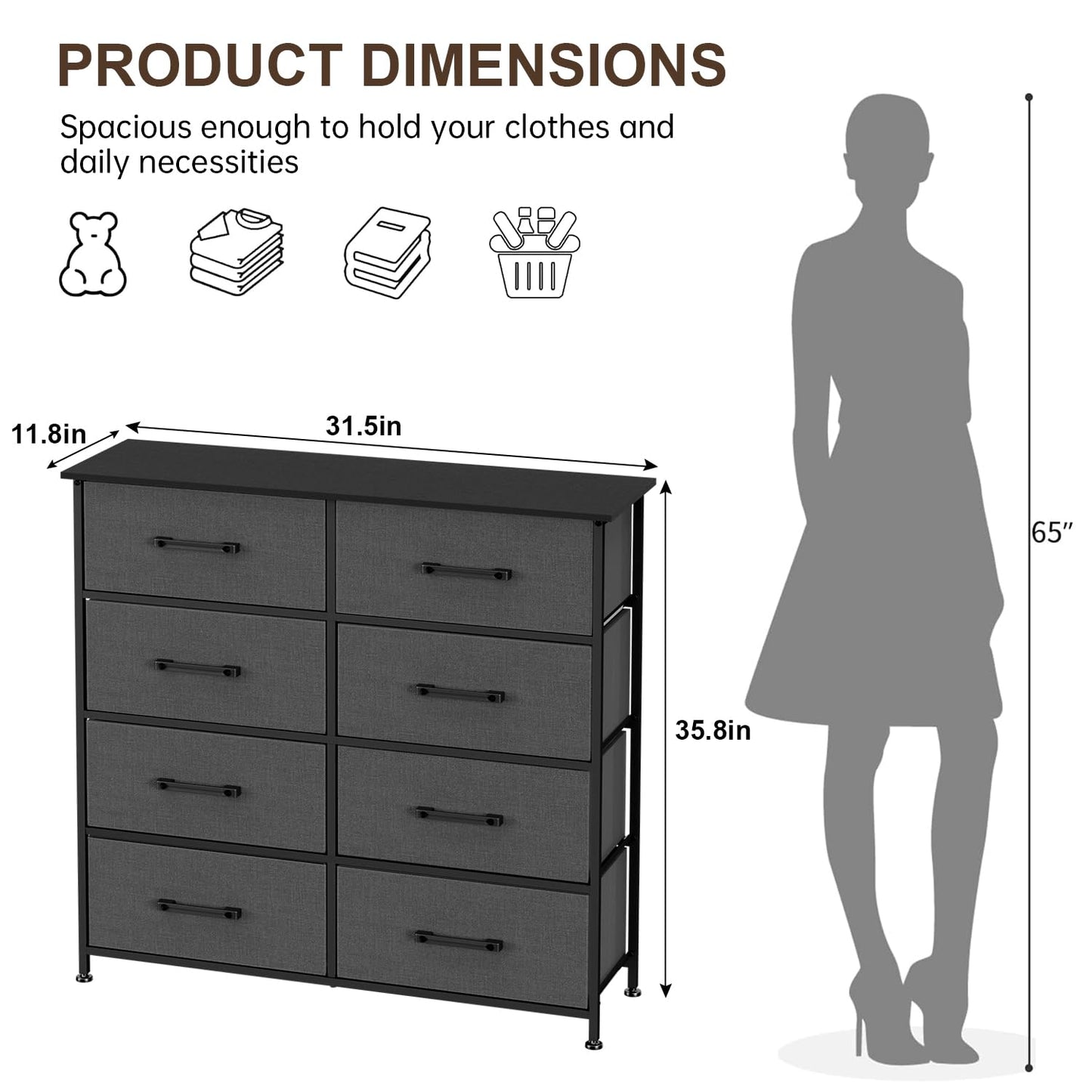 FDW 8-Drawer Fabric Dresser for Bedroom,Closet Dresser with Metal Frame and Wooden Top Tall Storage Tower for Closet,Living Room and Entryway,Grey